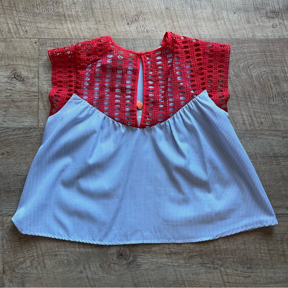 Maeve White Striped Tank with Red Crochet Sleeves - Picture 3 of 6